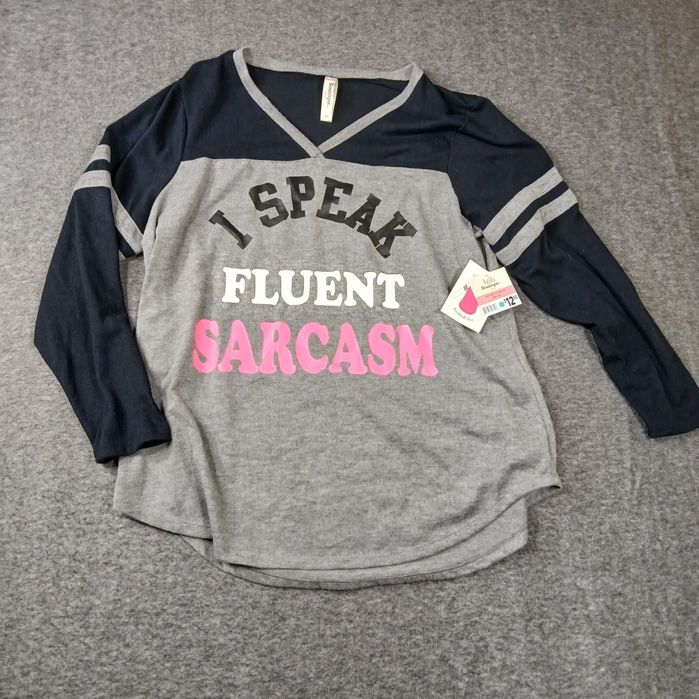 Boutique Plus Womens I Speak Fluent Sarcasm Football Tee Grey Navy Blue 2X NWT‎